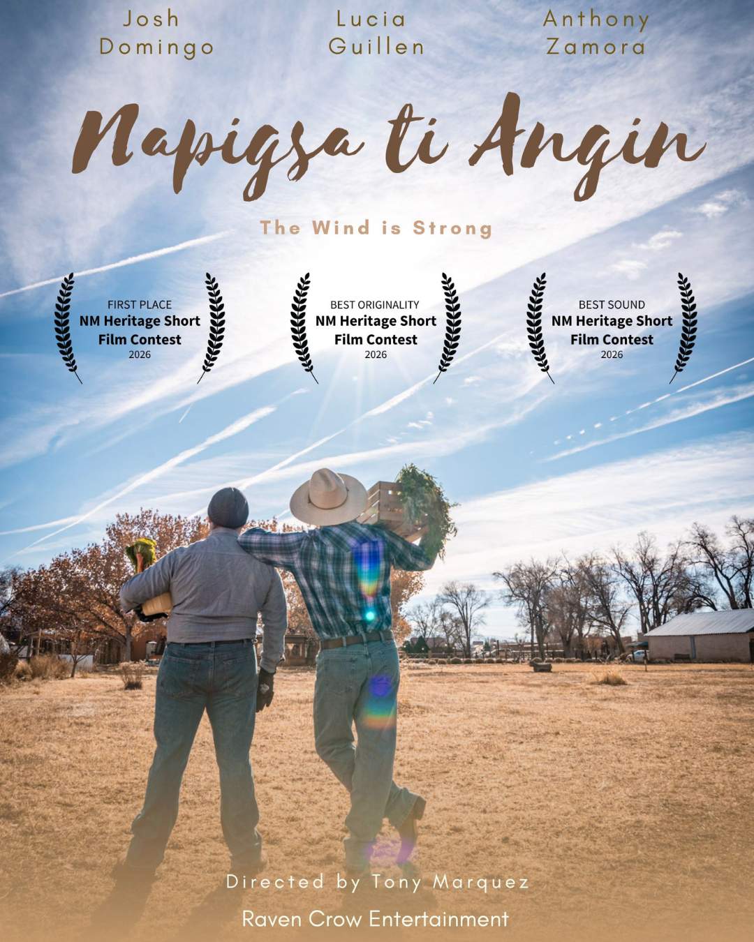 Movie poster has title “Napigsa ti Angin / The Wind is Strong” and is two farmers holding crops and facing their field